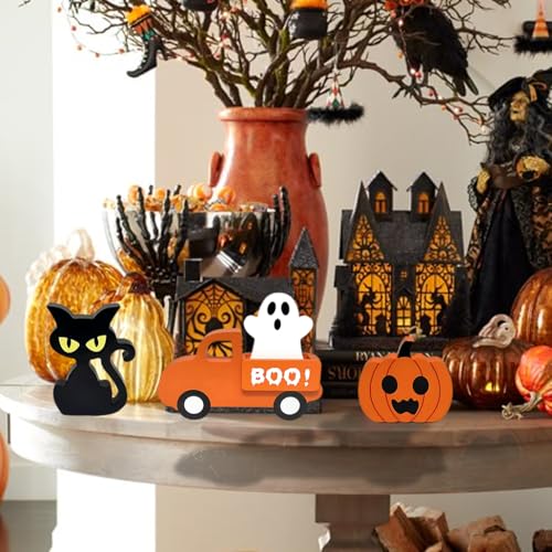 Halloween Wooden Truck and Sign Set - Ghost Pumpkin Black Cat Tabletop Decor - Variation of THIS listing