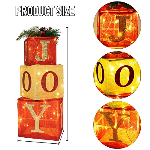 Christmas Lighted Gift Boxes Set of 3 with White LED Lights - Joy Variation