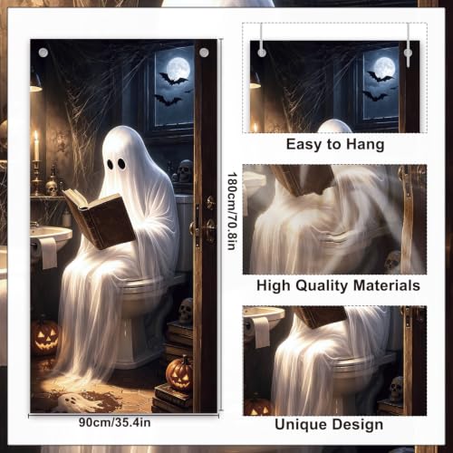 Halloween Door Cover Decorations - Ghost Bathroom Theme, 3x6 Ft - Funny Ghost Toilet Backdrop for Home & Office, Ghost Pumpkins Halloween Decor - Variation: Ghost Bathroom