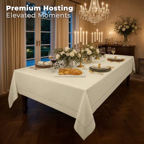 144x60 Inch Ivory Linen Hemstitch Rectangle Tablecloth - Pure European Flax