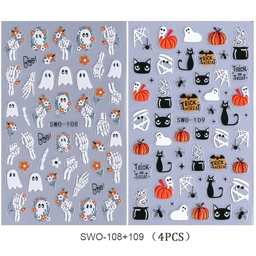 Halloween Nail Stickers 5D Spooky Decals - Black Cat Pumpkins Ghost Skeleton Hand - Variation Halloween-01
