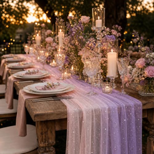 Lilac Purple & Pink Sequin Sheer Table Runner 120 Inch 10PCS Boho Wedding Party Decor