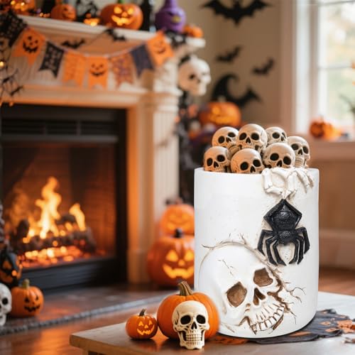 Halloween Large White Witch Cauldron Bucket 11.72" Candy Pot with Skull & Spider Design