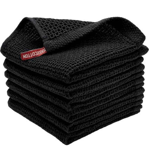Black Cotton Waffle Weave Kitchen Towels 6 Pack - 12x12 Inches, Ultra Soft & Absorbent