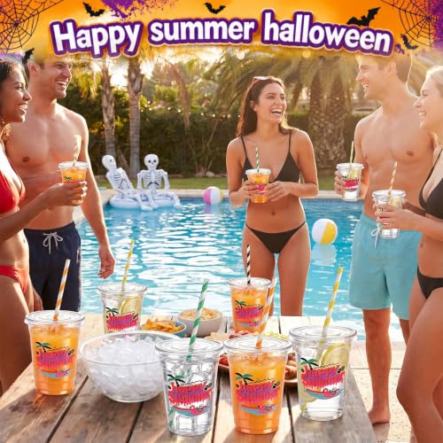 Happy Summer Halloween Disposable Plastic Cups Set - 100 Count with Lids & Striped Straws