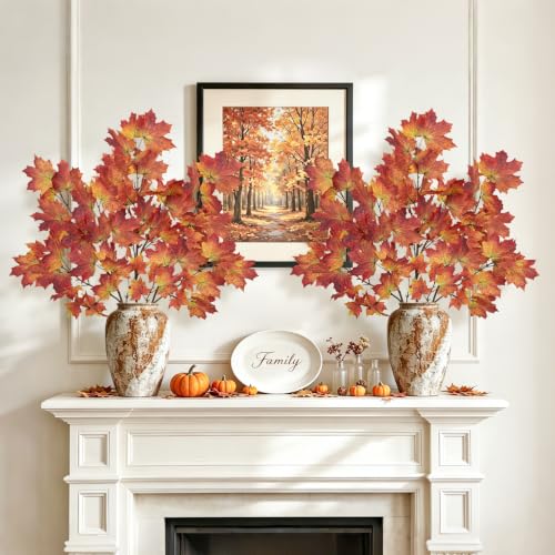Artificial Maple Branches - Fall Faux Plant Stems with Realistic Leaves, Red, 38 Inch for Indoor Outdoor Decorations