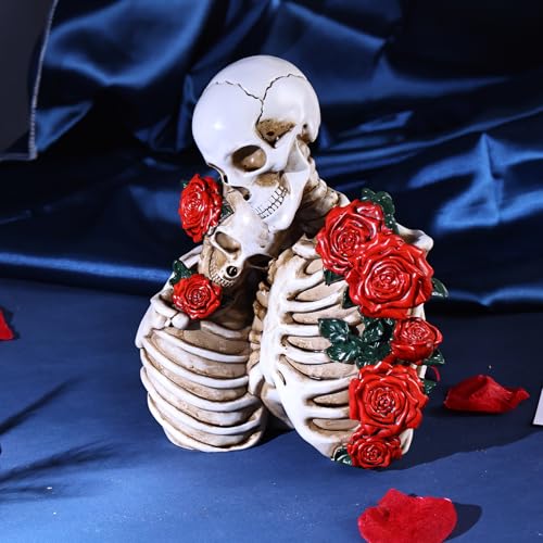 White Snuggling Gothic Skeleton Couple Resin Statue with Roses - Halloween Decor