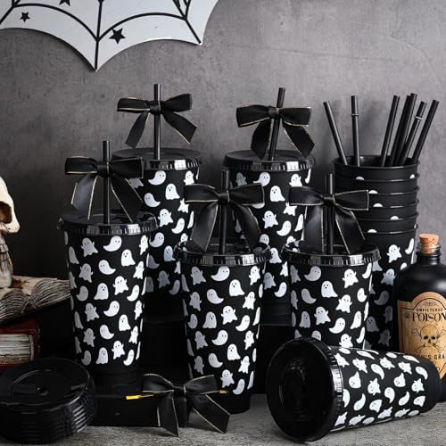 Halloween Ghost Cups Set with Straws & Lids - Black 24 oz, 12 Pack