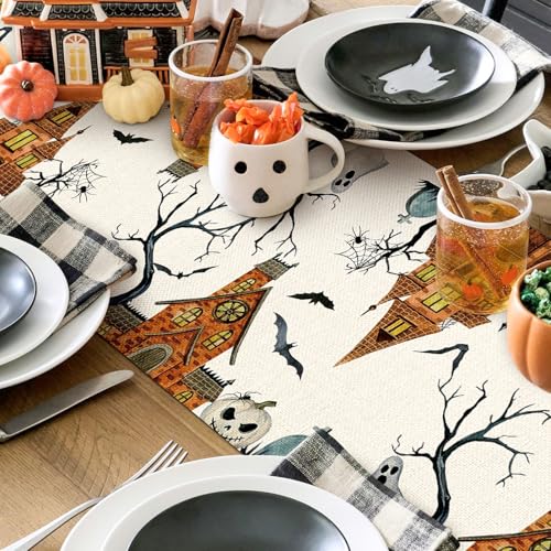 Artscope Halloween Table Runner - Orange Spooky Haunted House Tree Design, 13x36 Inches - Fall Home Decor