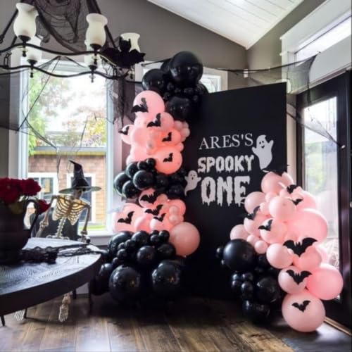 Pink Black White Stripe Halloween Balloons Set with 3D Bat Stickers - 35 pcs