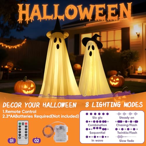 Outdoor Halloween Ghost Decorations Set with LED Lights, Adjustable Tall Spooky Figures