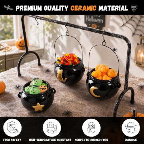 Halloween Ceramic Witches Cauldron Bowls Set - Gold Accented Party Decor, 3 Pack