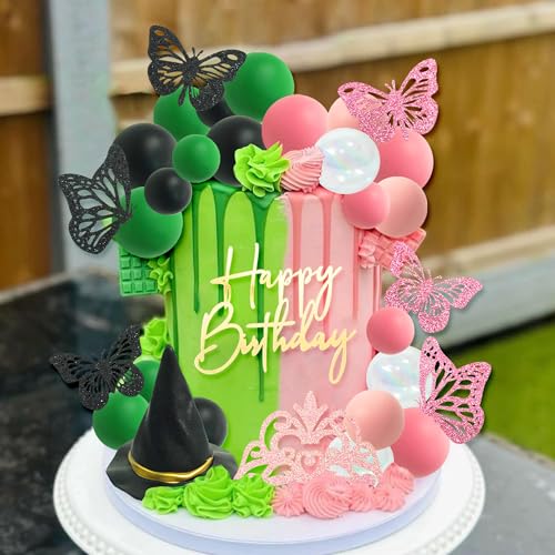 Witch Cake Topper Set with Crown Butterfly Hat and Ball Decorations for Halloween Party