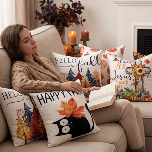 Cat Fall Pillow Covers 20x20 Pack of 2 - Autumn Colors Watercolor Design