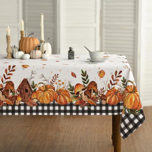 Horaldaily Fall Tablecloth 60x120 Inch Rectangular Black Harvest Pumpkin & Mushroom