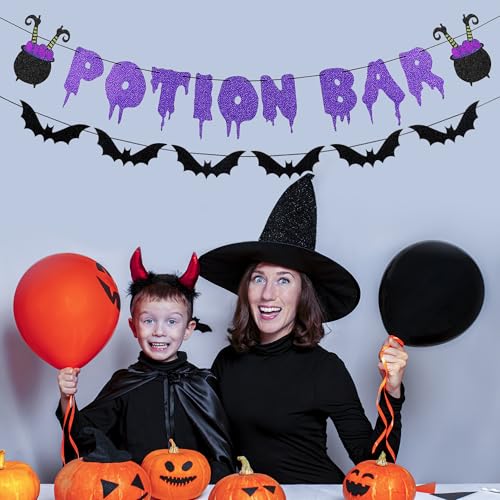 Halloween Glitter Potion Bar Banner with Bat Garland - Spooky Party Decor