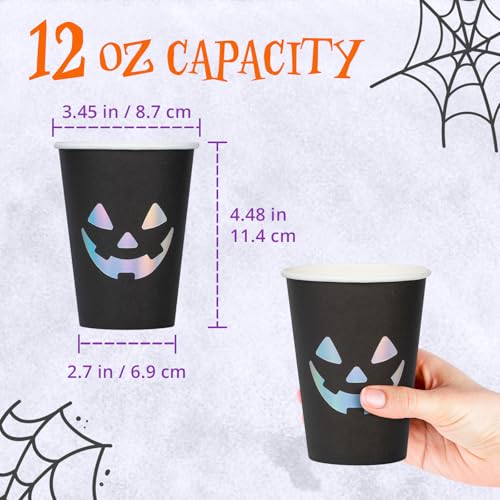 Halloween Disposable Paper Cups - Jack O' Lantern, Black & Silver, 12 oz, Bulk 50 Pack