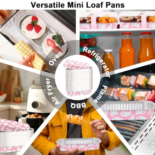 Pink Ghost Halloween Mini Loaf Pans with Lids & Forks, 6.6 Inch Disposable Baking Containers, 100 Pack