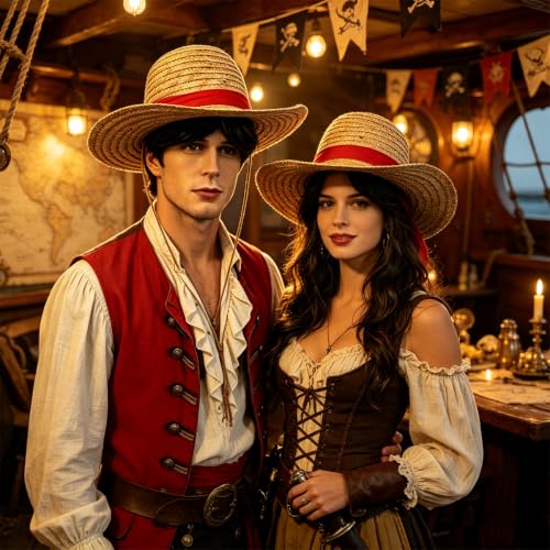 Straw Hat and Wig Set for Halloween Cosplay Beach Costume Accessories