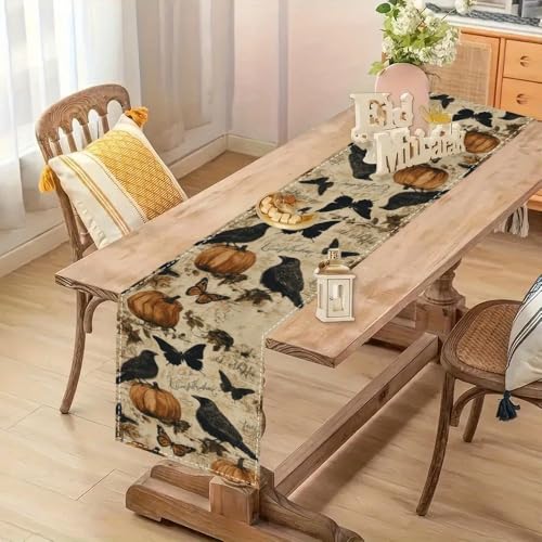 Halloween Retro Crow Pumpkin Table Runner - Style 05, 13x36 Inch Seasonal Kitchen Decor