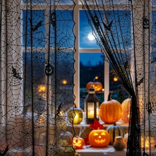 Halloween Black Lace Curtains 95 Inch Long with Cobweb Pattern - Pack of 2