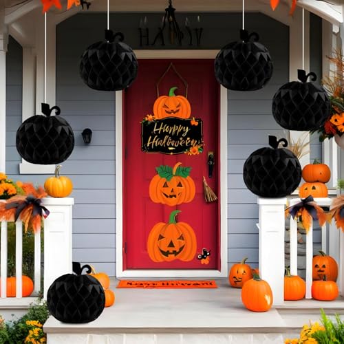 Black Pumpkin Honeycomb Decorations - 10 Inch Paper Centerpieces for Fall Parties (6 PCS)