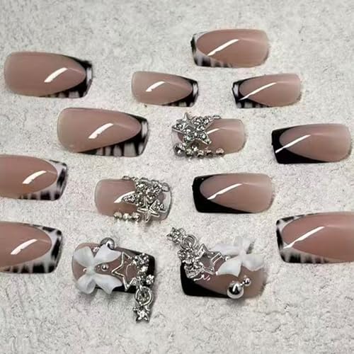 Medium Square Fake Nails with Silver Bead & 3D Star Charms - Glossy Reusable Press-On Nails for Women