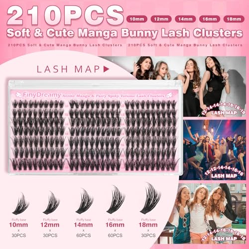 E-210 Manga Lash Clusters Kit - Wispy Spikes & Fluffy Eyelash Extensions with Seal - 10-18mm, 210PCS