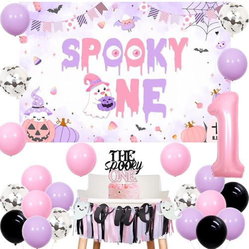 Halloween 1st Birthday Decorations Girl Spooky Party Supplies Pink Purple Black Balloons Cake Topper