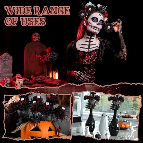 Halloween Black Artificial Flowers with Eyeball Decor - 16 Inch Set of 12
