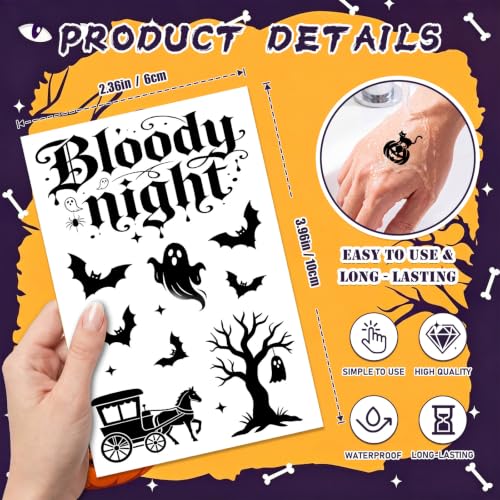 Halloween Temporary Tattoos Sheets - 56 Sheets with Pumpkin Bat Spider Designs