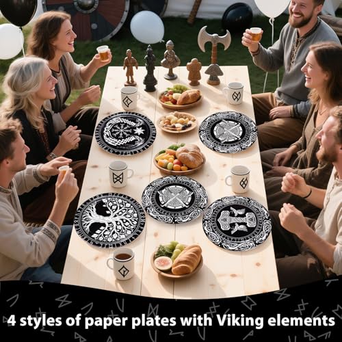 Viking Theme Paper Plates 9-Inch Black & White Set with Tree of Life - Variation of Viking Warrior Theme Round Plates