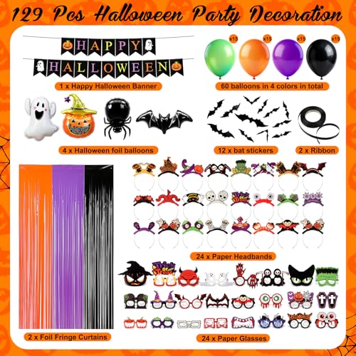 Halloween Party Decoration Kit with 129 Pieces - Balloons, Foil Curtains, Photo Props, Headbands & Glasses