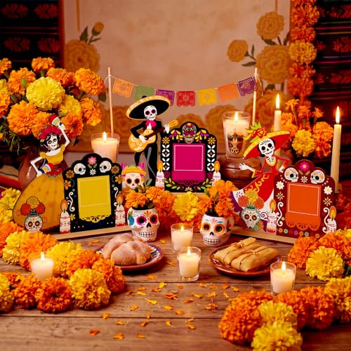 Dia De Los Muertos Photo Frame Set - 6 Vibrant Wooden Decorations for Altars