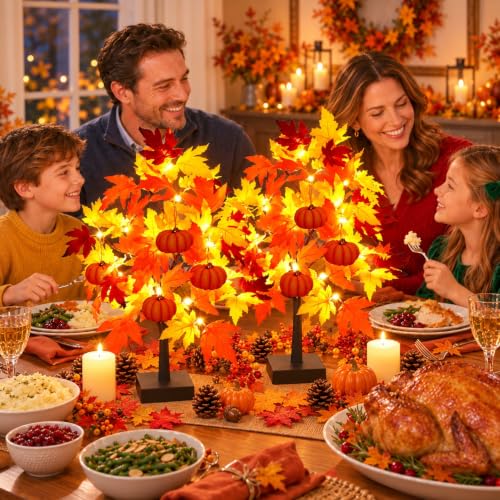 24-Inch Fall Maple Tree Lights Set with Pumpkin Ornaments - Battery & USB Powered Decor