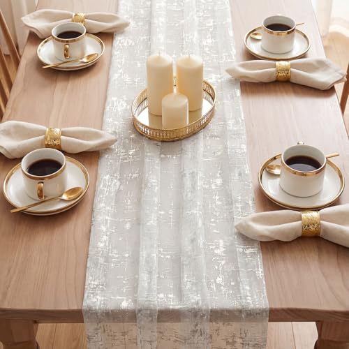 28x120 Inch White Silver Gauze Table Runner - Sheer Glitter for Wedding & Event Decor