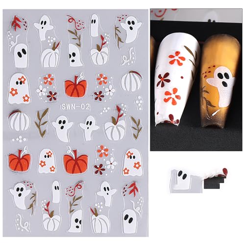 Halloween Nail Stickers 4 Sheets 5D Embossed Decals Spider Web Pumpkin Ghost Mummy Colorful-7