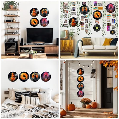 Halloween Wall Decor 4-Piece Set - Horror Pumpkins, Scarecrow, Witch Posters