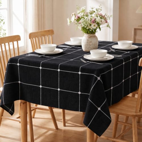 Farmhouse Plaid Tablecloth - Black 60x84 Inch Rectangular Kitchen Decor