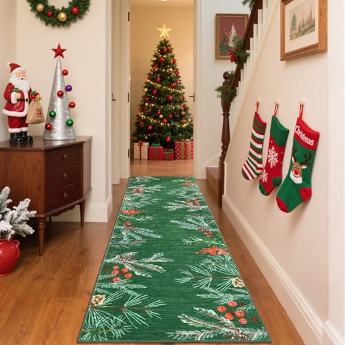 Pinecone-Green Christmas Botanical Rug Runner - Non-Slip Holiday Floor Mat 2' x 6'