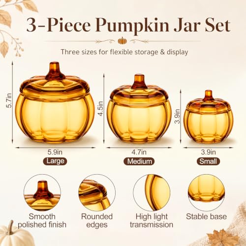 Set of 3 Amber Glass Pumpkin Jars with Lids for Fall & Halloween Decor