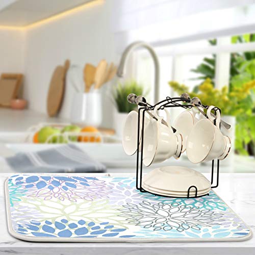 ALAZA 16 x 18 Inch Blue Grey Purple White Dahlia Dish Drying Mat Microfiber Kitchen Counter Protector