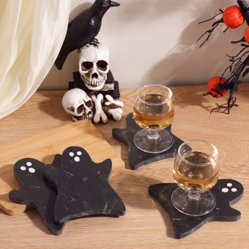 Halloween Ghost Marble Coasters - Black & White Set, 4 Pieces with Silicone Feet