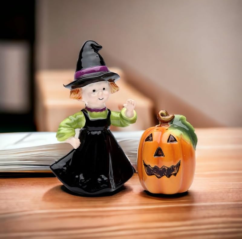 Halloween Pumpkin and Witch Salt and Pepper Set - Ceramic Kitchen Decor
