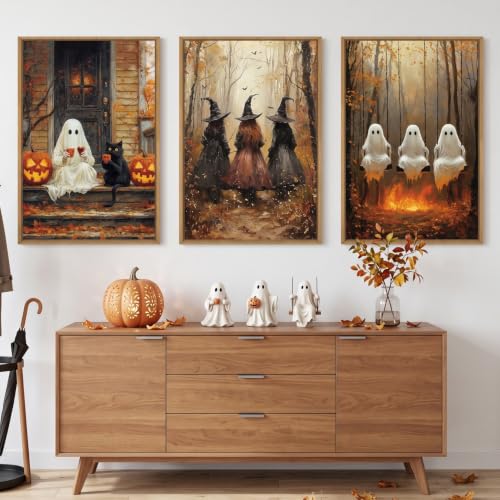 Halloween Wall Art Set of 3 - Framed Gothic Witch Crow Raven Black Cat 24x36 Inches