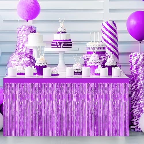 Purple Foil Fringe Tinsel Table Skirt - 2 Pack for Rectangular Tables Party Decoration
