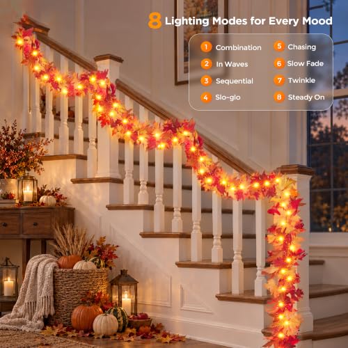 9ft Pre-lit Fall Garland with 50 LED Orange Lights - Waterproof Battery-Operated Autumn Decor - Variation of THIS listing