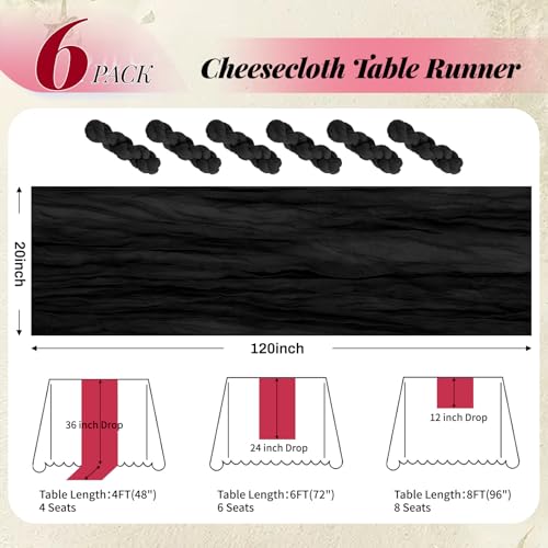 Black Cheesecloth Table Runner 6 Pack 20 x 120 Inches - Boho Rustic Wedding Party Decor