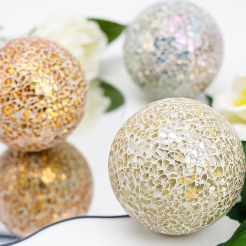 Decorative Mosaic Glass Balls Set - 3 Pcs 3.35 Inch Gold Silver Mix Colors