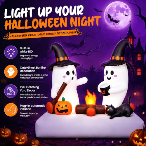 Inflatable Ghost Bonfire Halloween Yard Decorations - 5.5FT Twin Ghosts with LED Lights, Stakes & Hooks